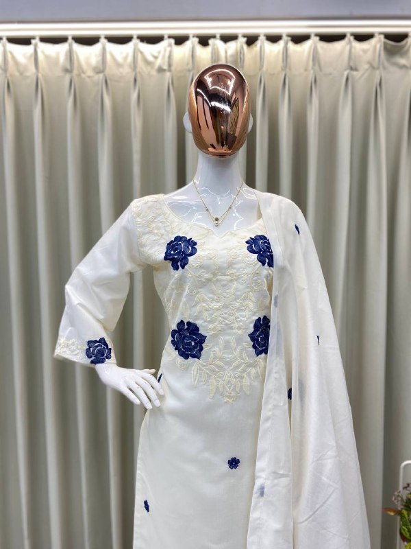 DESIGNER WEAR EXCLUSIVE SUIT IN EMBROIDERED ROMAN SILK FABRIC TOP AND PANT WITH DUPATTA PAIR