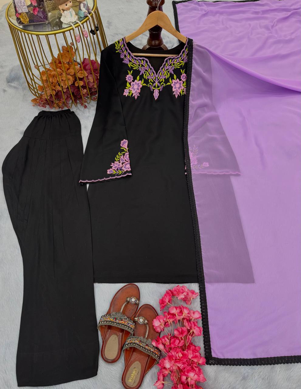 Party Wear Look top with farshi plazzo Heavy Riyon silk with Embroidery work with sleeve