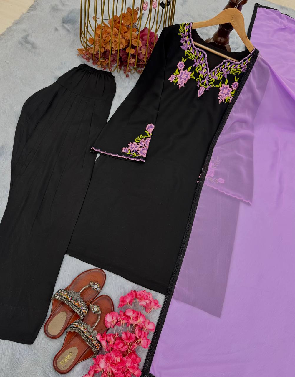 Party Wear Look top with farshi plazzo Heavy Riyon silk with Embroidery work with sleeve