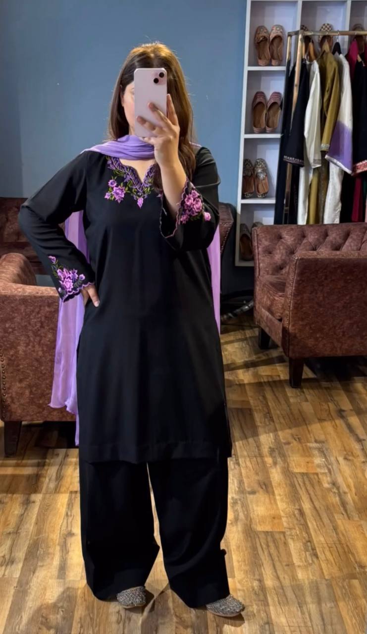 Party Wear Look top with farshi plazzo Heavy Riyon silk with Embroidery work with sleeve