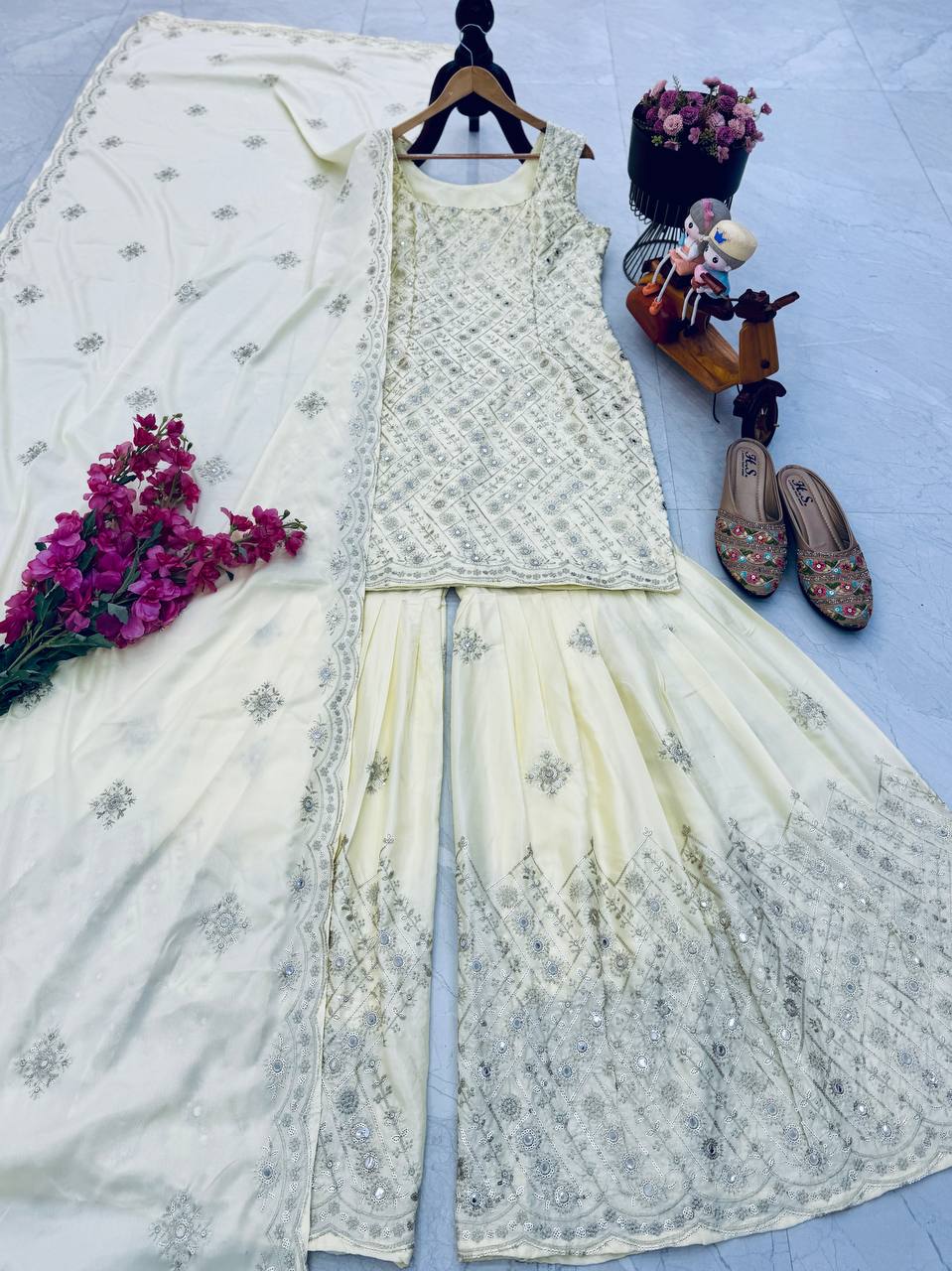 Designer Party Top Pallazo & Dupatta Set