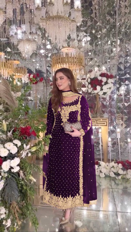 Party Wear Viscose Velvet Designer  Look Top-Dupatta and Fully Stiched Bottom With Heavy Embroidery Siquance Work