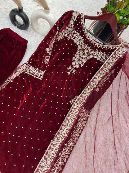 Party Wear Viscose Velvet Designer  Look Top-Dupatta and Fully Stiched Bottom With Heavy Embroidery Siquance Work
