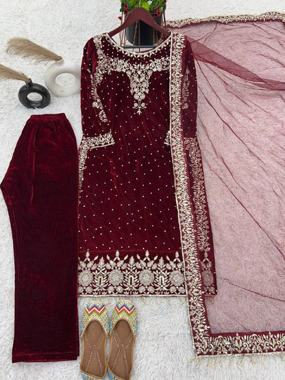 Party Wear Viscose Velvet Designer  Look Top-Dupatta and Fully Stiched Bottom With Heavy Embroidery Siquance Work