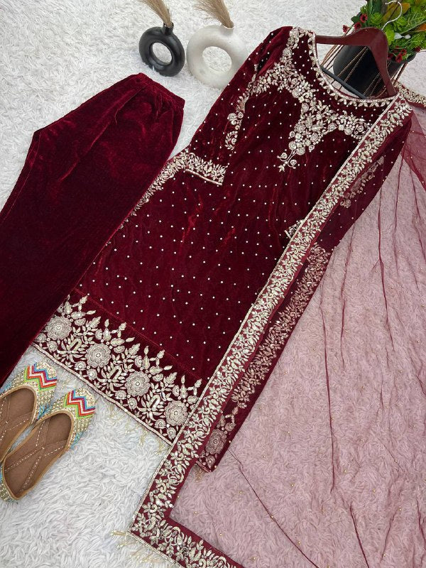 Party Wear Viscose Velvet Designer  Look Top-Dupatta and Fully Stiched Bottom With Heavy Embroidery Siquance Work