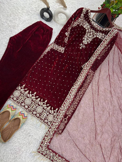 Party Wear Viscose Velvet Designer  Look Top-Dupatta and Fully Stiched Bottom With Heavy Embroidery Siquance Work