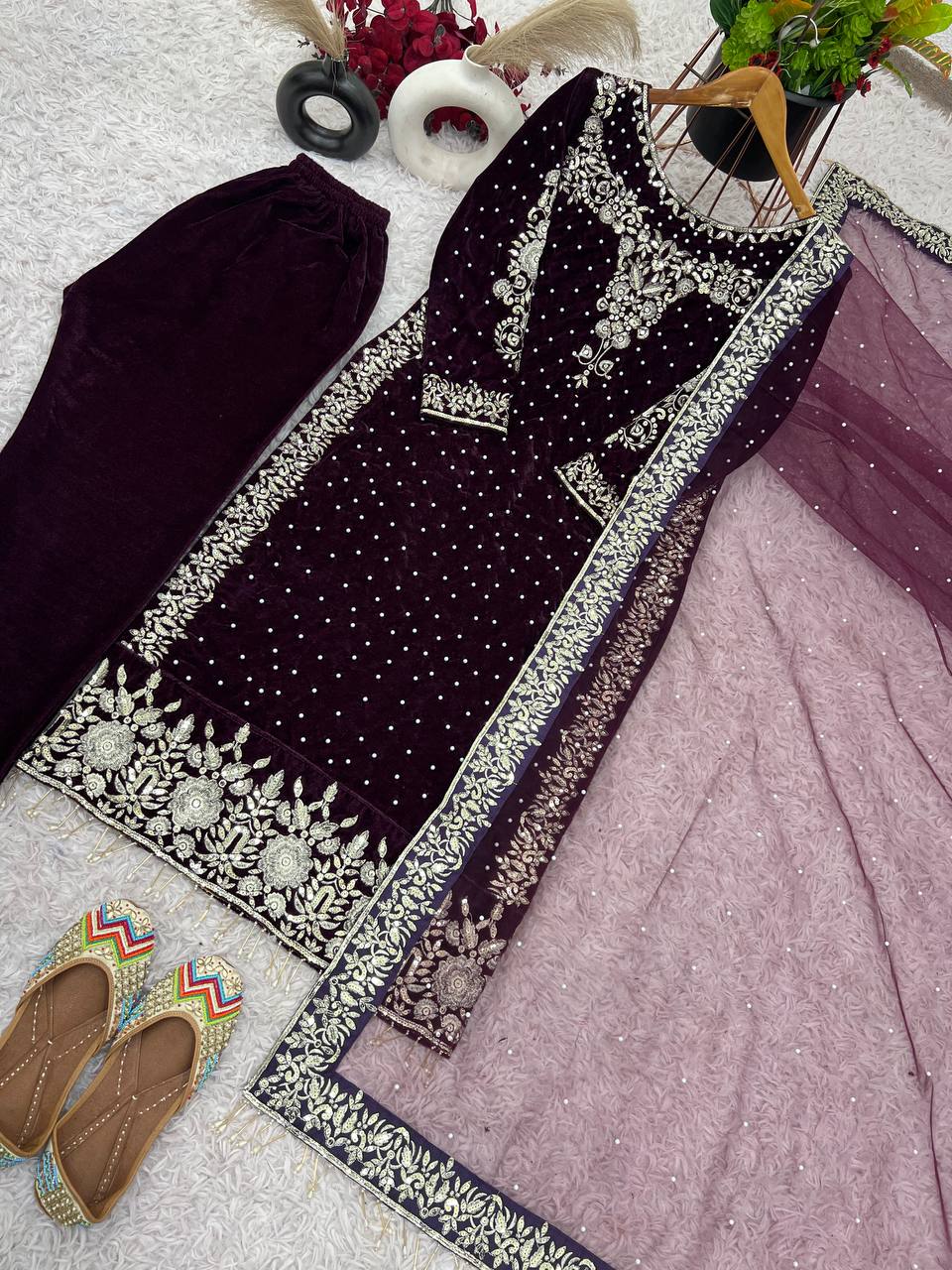 Party Wear Viscose Velvet Designer  Look Top-Dupatta and Fully Stiched Bottom With Heavy Embroidery Siquance Work