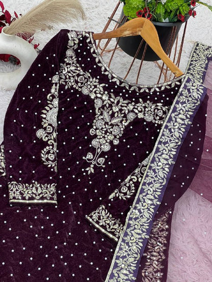 Party Wear Viscose Velvet Designer  Look Top-Dupatta and Fully Stiched Bottom With Heavy Embroidery Siquance Work
