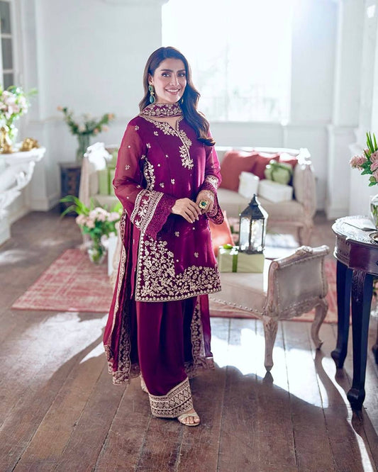 HEAVY FRANCH CRAP EMBROIDERED SEQUENCE WORK WITH FANCY TOP-PLAZZO DUPATTA SET