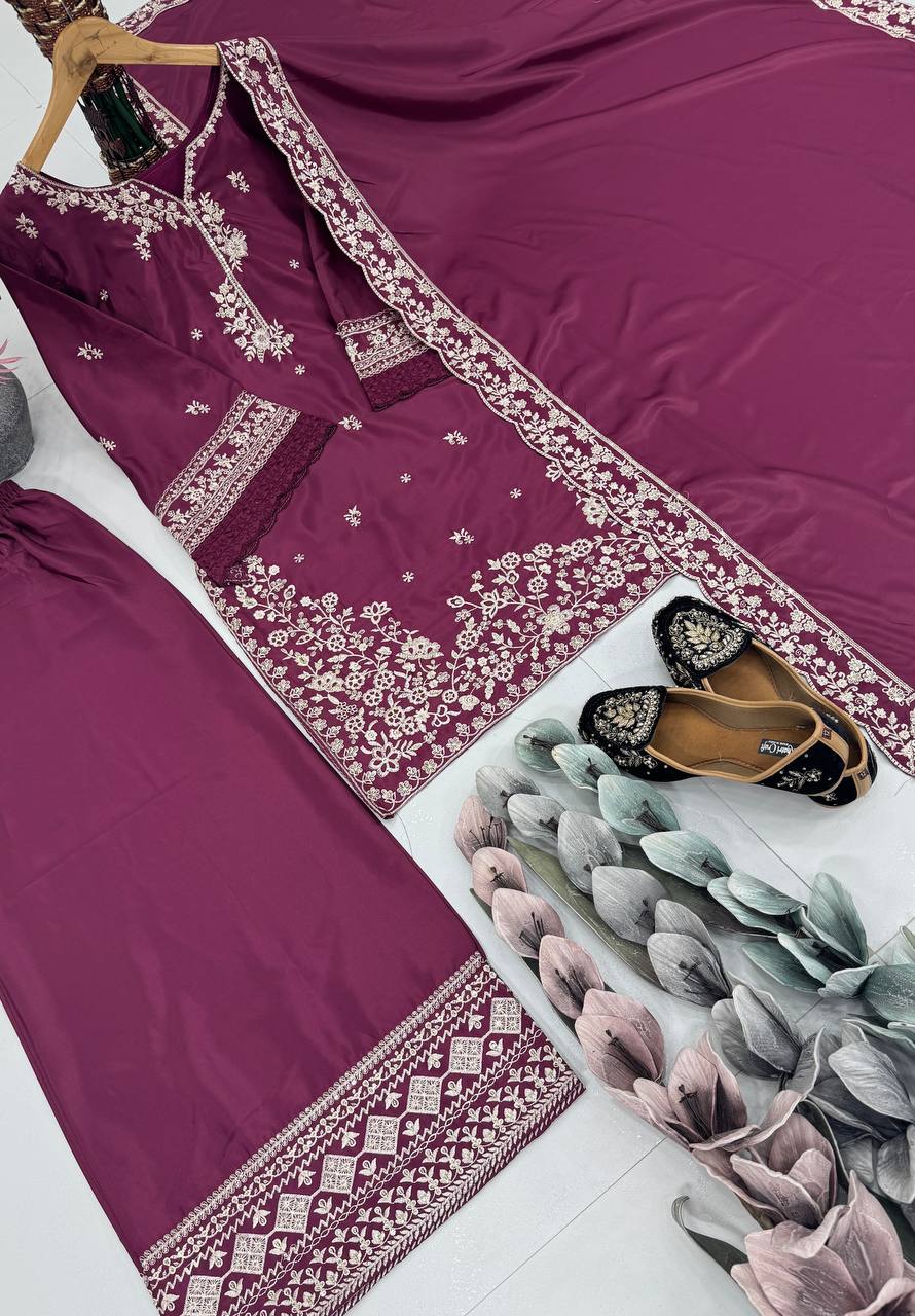 HEAVY FRANCH CRAP EMBROIDERED SEQUENCE WORK WITH FANCY TOP-PLAZZO DUPATTA SET