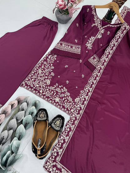 HEAVY FRANCH CRAP EMBROIDERED SEQUENCE WORK WITH FANCY TOP-PLAZZO DUPATTA SET