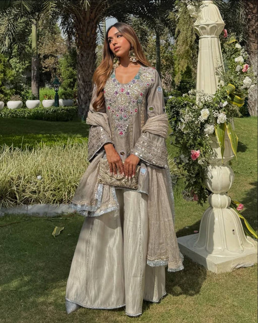 HEAVY NATURAL CREAP EMBROIDERED SEQUENCE WORK WITH FANCY TOP SHARARA DUPATTA SET