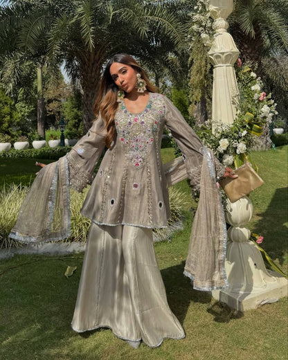 HEAVY NATURAL CREAP EMBROIDERED SEQUENCE WORK WITH FANCY TOP SHARARA DUPATTA SET