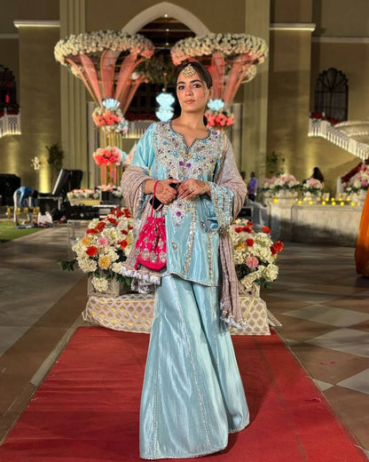 HEAVY NATURAL CREAP EMBROIDERED SEQUENCE WORK WITH FANCY TOP SHARARA DUPATTA SET