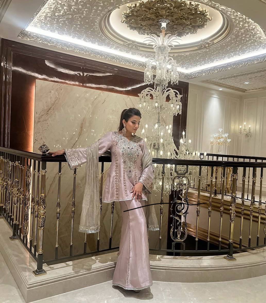 HEAVY NATURAL CREAP EMBROIDERED SEQUENCE WORK WITH FANCY TOP SHARARA DUPATTA SET