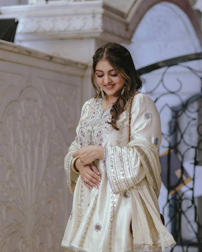 HEAVY NATURAL CREAP EMBROIDERED SEQUENCE WORK WITH FANCY TOP SHARARA DUPATTA SET