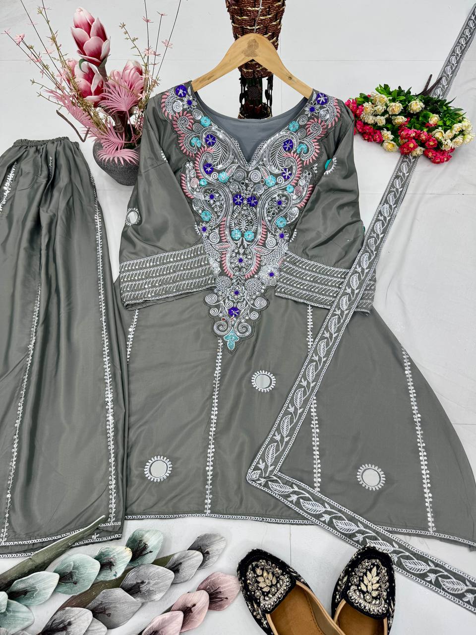 HEAVY NATURAL CREAP EMBROIDERED SEQUENCE WORK WITH FANCY TOP SHARARA DUPATTA SET