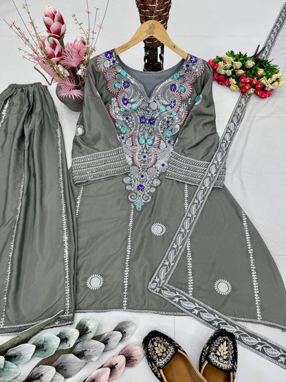 HEAVY NATURAL CREAP EMBROIDERED SEQUENCE WORK WITH FANCY TOP SHARARA DUPATTA SET