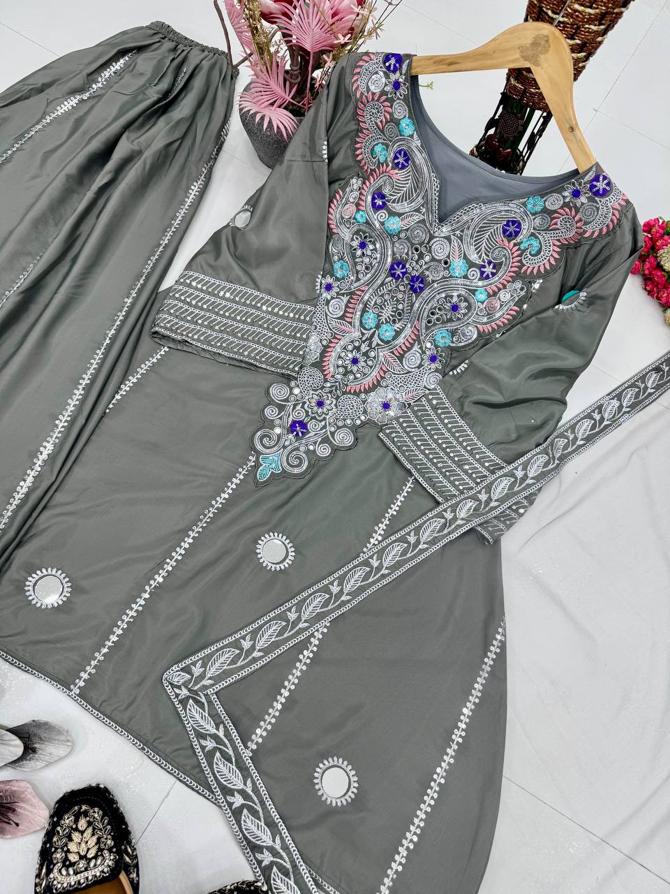 HEAVY NATURAL CREAP EMBROIDERED SEQUENCE WORK WITH FANCY TOP SHARARA DUPATTA SET