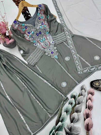 HEAVY NATURAL CREAP EMBROIDERED SEQUENCE WORK WITH FANCY TOP SHARARA DUPATTA SET