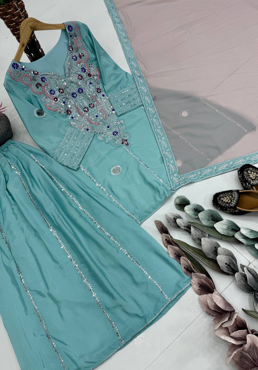 HEAVY NATURAL CREAP EMBROIDERED SEQUENCE WORK WITH FANCY TOP SHARARA DUPATTA SET