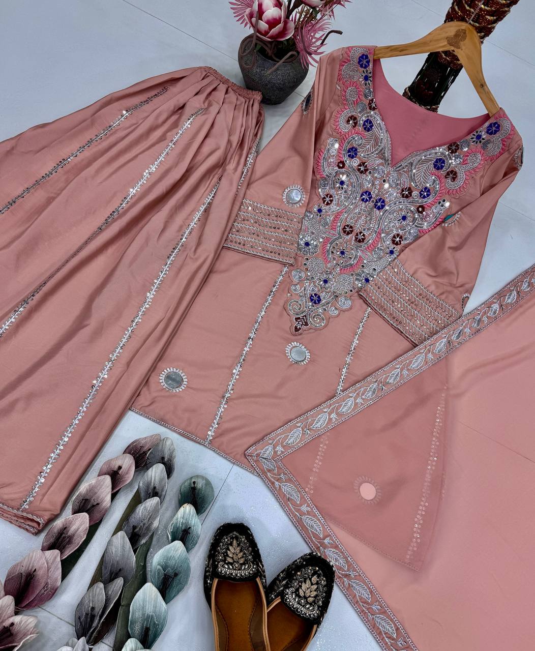 HEAVY NATURAL CREAP EMBROIDERED SEQUENCE WORK WITH FANCY TOP SHARARA DUPATTA SET