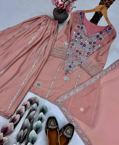 HEAVY NATURAL CREAP EMBROIDERED SEQUENCE WORK WITH FANCY TOP SHARARA DUPATTA SET