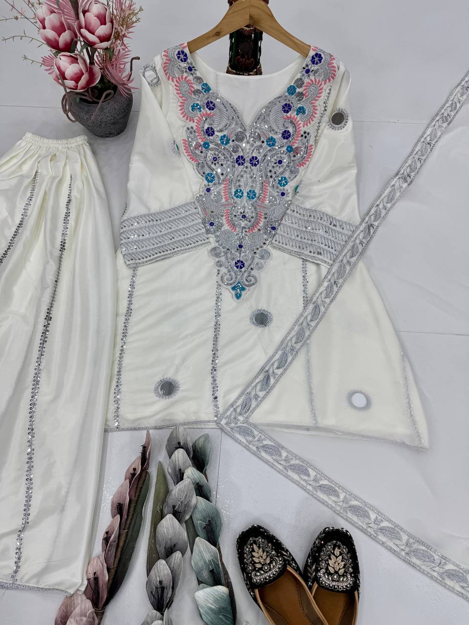 HEAVY NATURAL CREAP EMBROIDERED SEQUENCE WORK WITH FANCY TOP SHARARA DUPATTA SET