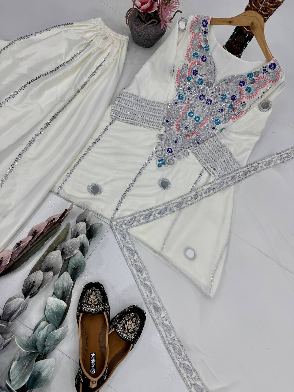 HEAVY NATURAL CREAP EMBROIDERED SEQUENCE WORK WITH FANCY TOP SHARARA DUPATTA SET