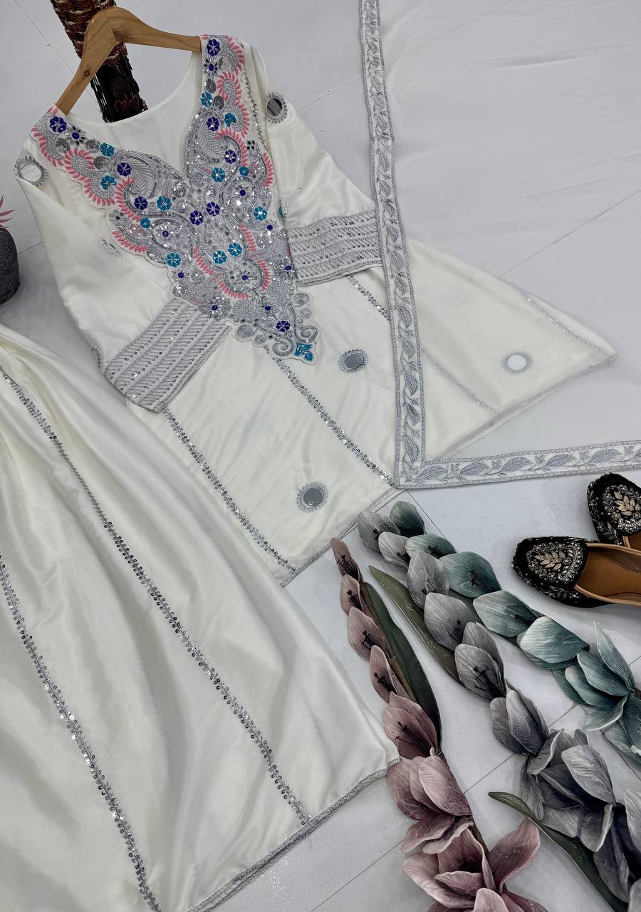 HEAVY NATURAL CREAP EMBROIDERED SEQUENCE WORK WITH FANCY TOP SHARARA DUPATTA SET