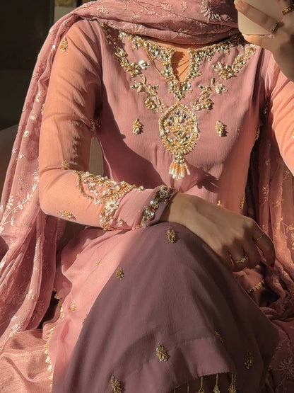 New Designer Collection In Faux Georgette With Heavy Embroidery Sequence Work Top-Bottom And Dupatta Set Fully Stitched Ready To Wear