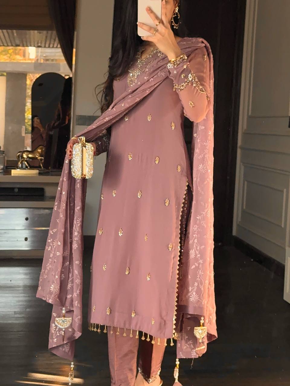 New Designer Collection In Faux Georgette With Heavy Embroidery Sequence Work Top-Bottom And Dupatta Set Fully Stitched Ready To Wear