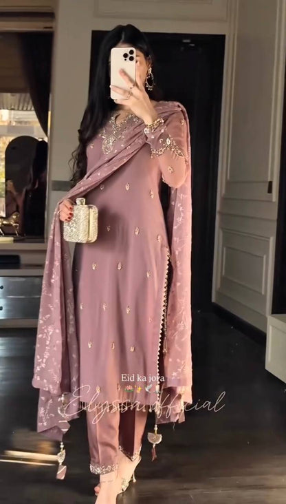 New Designer Collection In Faux Georgette With Heavy Embroidery Sequence Work Top-Bottom And Dupatta Set Fully Stitched Ready To Wear