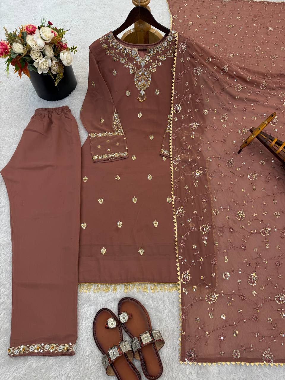 New Designer Collection In Faux Georgette With Heavy Embroidery Sequence Work Top-Bottom And Dupatta Set Fully Stitched Ready To Wear