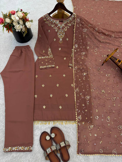 New Designer Collection In Faux Georgette With Heavy Embroidery Sequence Work Top-Bottom And Dupatta Set Fully Stitched Ready To Wear