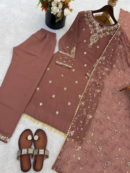 New Designer Collection In Faux Georgette With Heavy Embroidery Sequence Work Top-Bottom And Dupatta Set Fully Stitched Ready To Wear