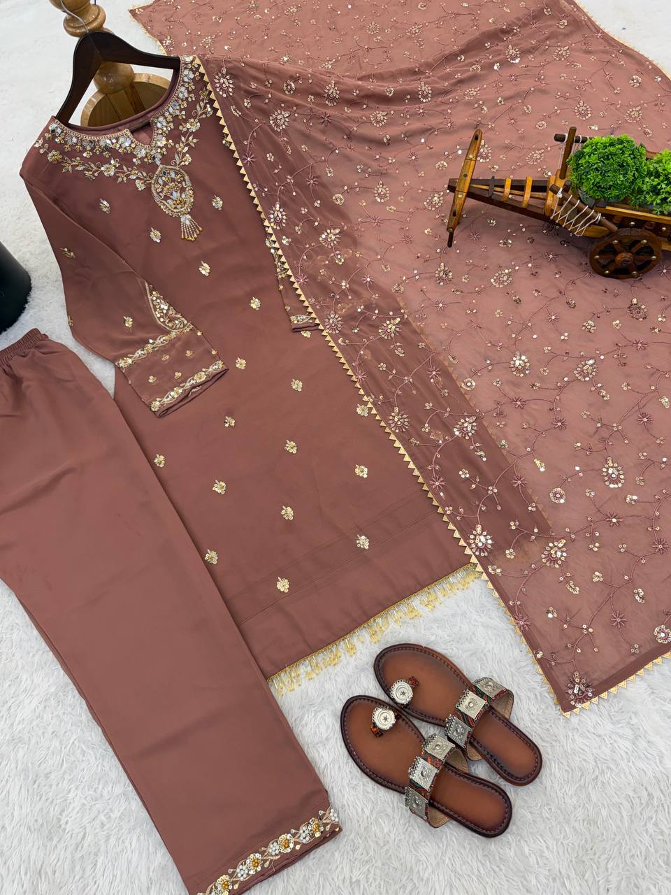 New Designer Collection In Faux Georgette With Heavy Embroidery Sequence Work Top-Bottom And Dupatta Set Fully Stitched Ready To Wear