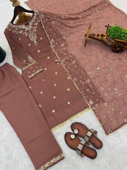 New Designer Collection In Faux Georgette With Heavy Embroidery Sequence Work Top-Bottom And Dupatta Set Fully Stitched Ready To Wear