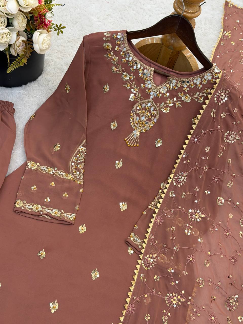 New Designer Collection In Faux Georgette With Heavy Embroidery Sequence Work Top-Bottom And Dupatta Set Fully Stitched Ready To Wear