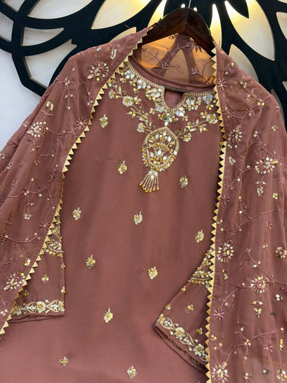 New Designer Collection In Faux Georgette With Heavy Embroidery Sequence Work Top-Bottom And Dupatta Set Fully Stitched Ready To Wear