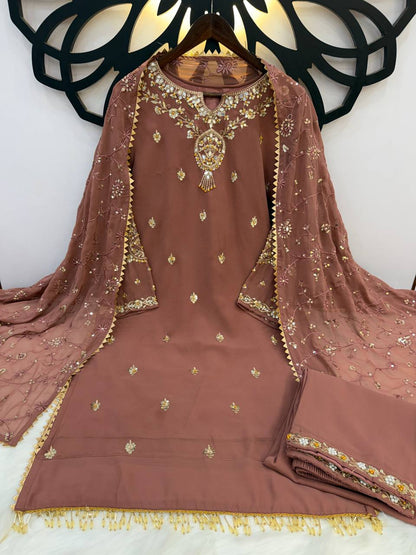 New Designer Collection In Faux Georgette With Heavy Embroidery Sequence Work Top-Bottom And Dupatta Set Fully Stitched Ready To Wear