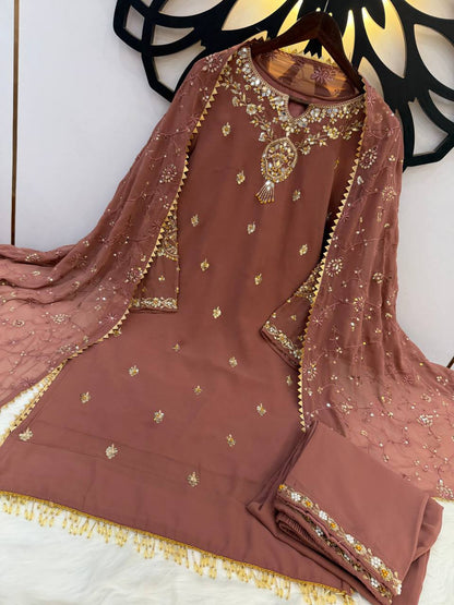 New Designer Collection In Faux Georgette With Heavy Embroidery Sequence Work Top-Bottom And Dupatta Set Fully Stitched Ready To Wear