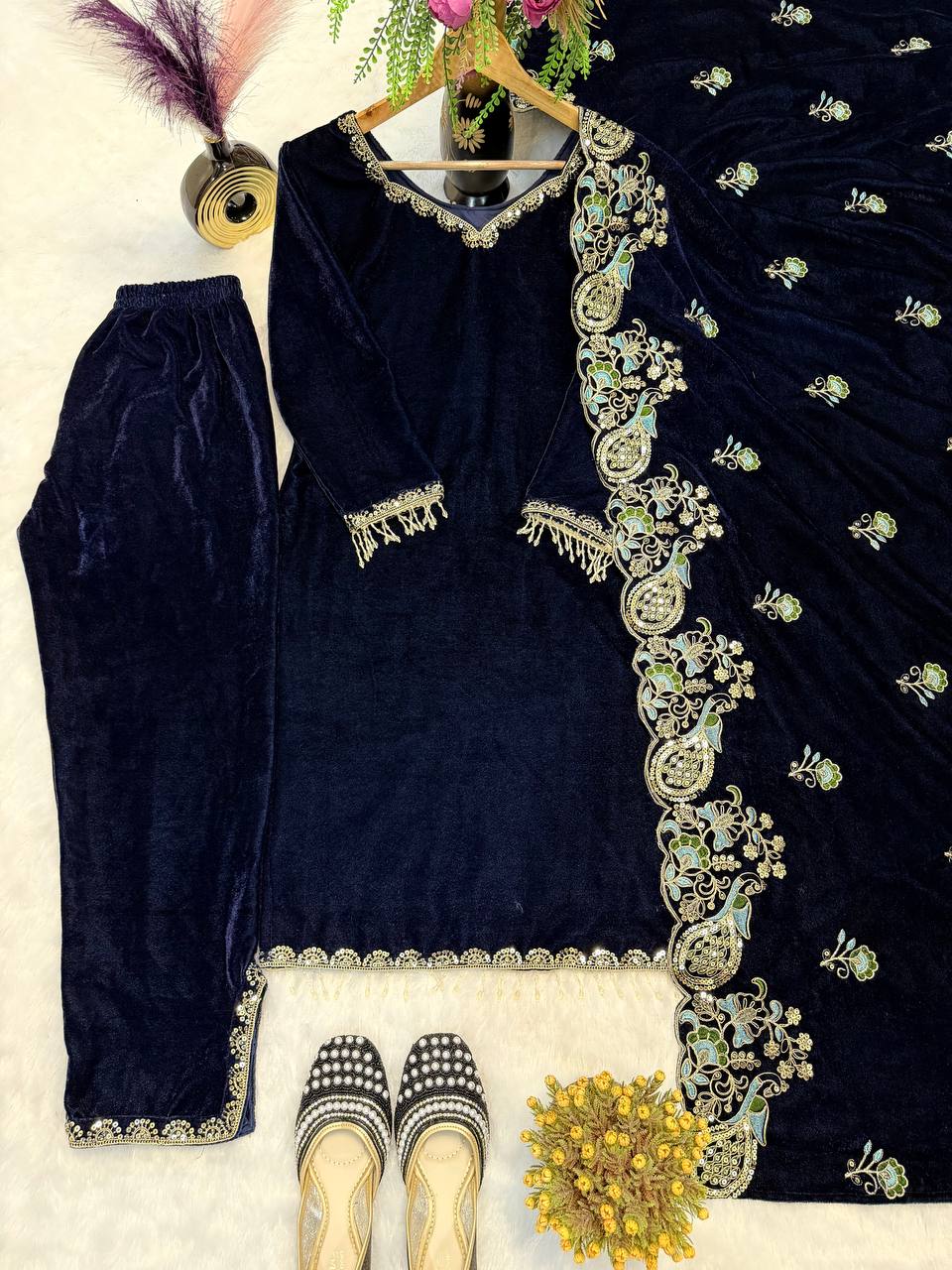 Party Wear Viscose Velvet Designer  Look Top-Dupatta and Fully Stiched Bottom With Heavy Embroidery Siquance Work