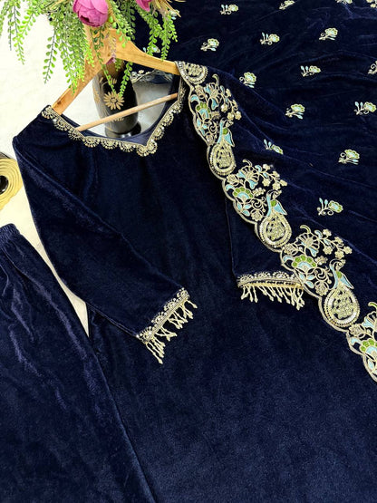 Party Wear Viscose Velvet Designer  Look Top-Dupatta and Fully Stiched Bottom With Heavy Embroidery Siquance Work