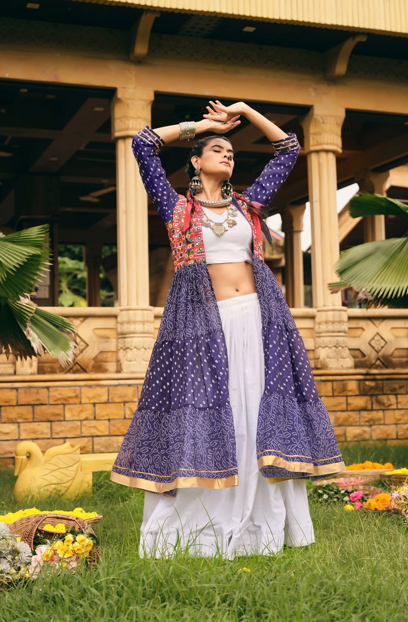 NAVRATRI SPECIAL SHRUG, BLOUSE & LEHENGA ON FAUX GEORGETTE & RAYON WITH BANDHANI PRINT & EMBROIDERY WORK, FULL FLAIR, FULLY STITCHED