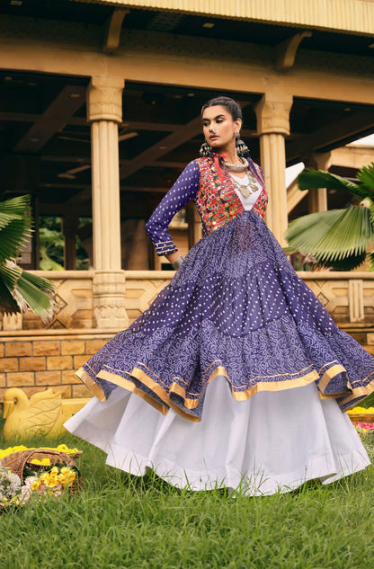NAVRATRI SPECIAL SHRUG, BLOUSE & LEHENGA ON FAUX GEORGETTE & RAYON WITH BANDHANI PRINT & EMBROIDERY WORK, FULL FLAIR, FULLY STITCHED