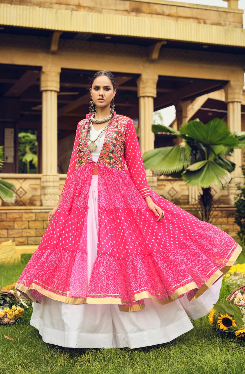 NAVRATRI SPECIAL SHRUG, BLOUSE & LEHENGA ON FAUX GEORGETTE & RAYON WITH BANDHANI PRINT & EMBROIDERY WORK, FULL FLAIR, FULLY STITCHED