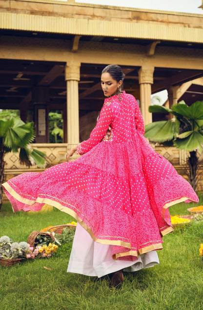NAVRATRI SPECIAL SHRUG, BLOUSE & LEHENGA ON FAUX GEORGETTE & RAYON WITH BANDHANI PRINT & EMBROIDERY WORK, FULL FLAIR, FULLY STITCHED