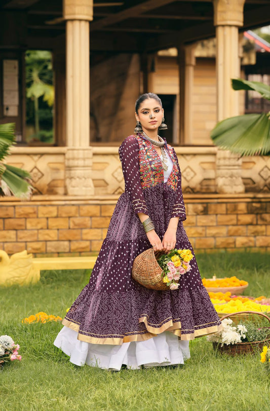 NAVRATRI SPECIAL SHRUG, BLOUSE & LEHENGA ON FAUX GEORGETTE & RAYON WITH BANDHANI PRINT & EMBROIDERY WORK, FULL FLAIR, FULLY STITCHED