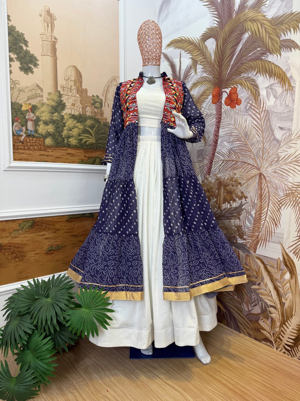NAVRATRI SPECIAL SHRUG, BLOUSE & LEHENGA ON FAUX GEORGETTE & RAYON WITH BANDHANI PRINT & EMBROIDERY WORK, FULL FLAIR, FULLY STITCHED